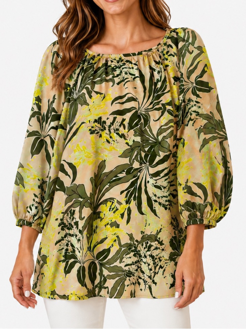 VINCE CAMUTO Flowy Beige Blouse w Olive & Lime Green Tropical Floral Print Top